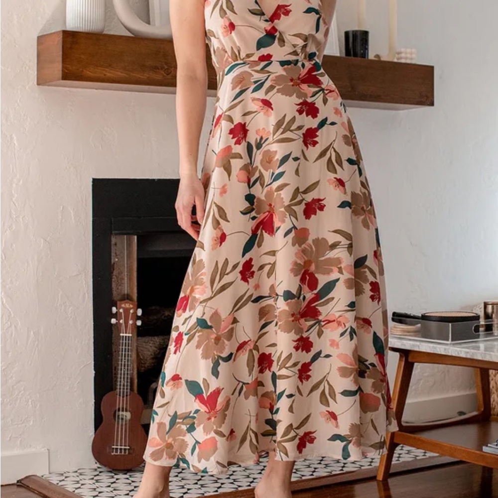 Lulus Resounding Beauty Beige Floral Print Surplice Maxi Dress
